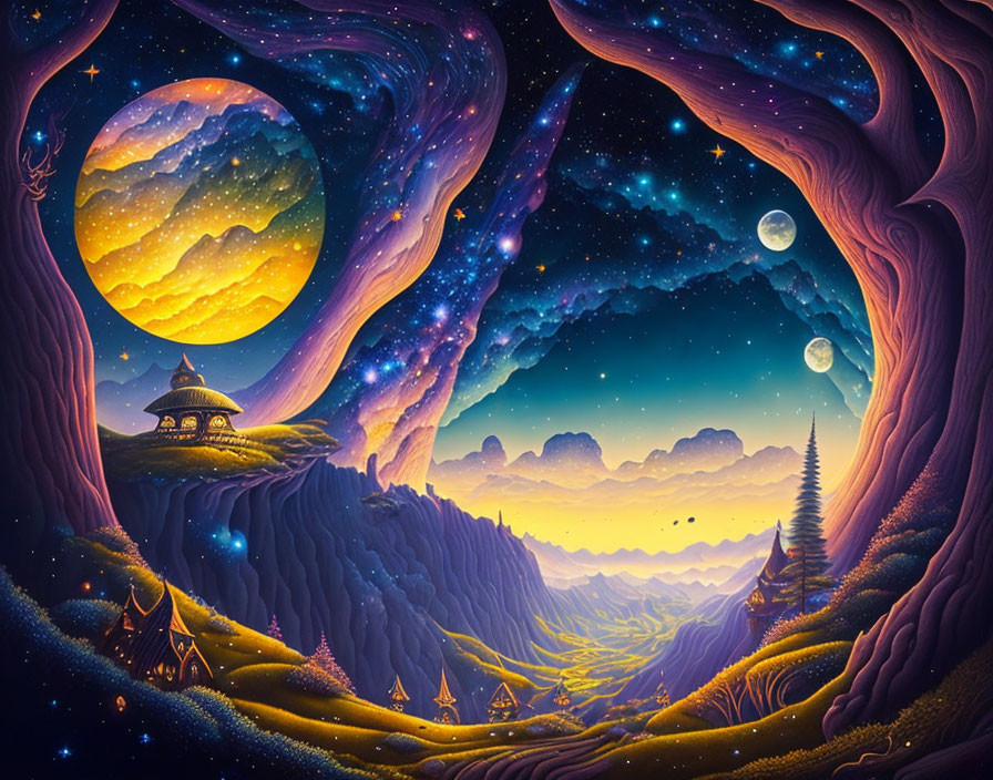 Fantasy landscape with large moon, purple skies, mountains, house, trees, and starry sky