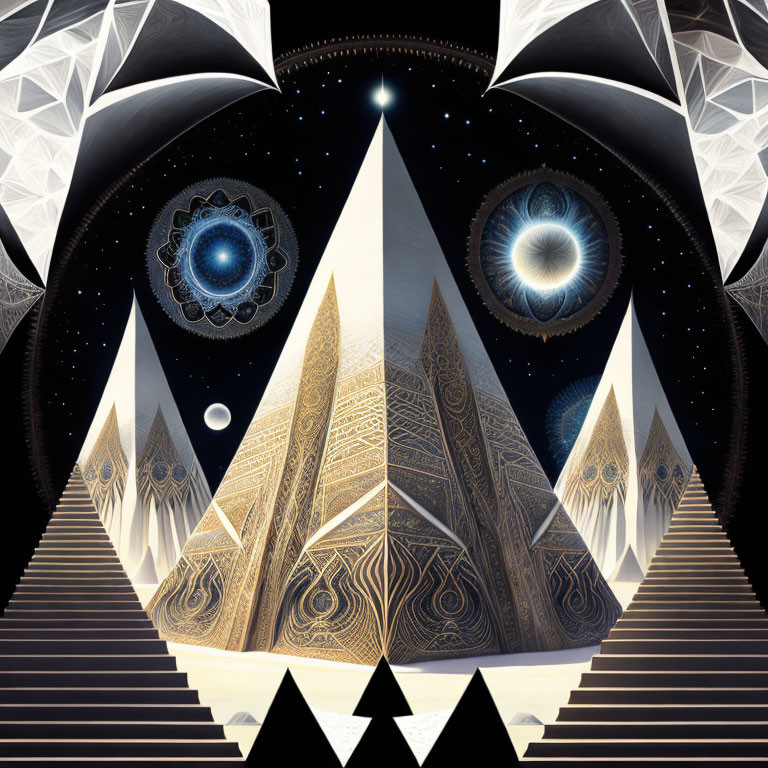 Symmetrical digital artwork with geometric patterns, pyramids, and celestial bodies.