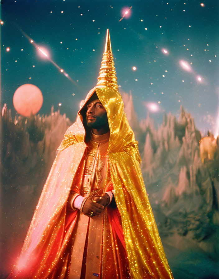 Person in Golden Star-Speckled Cloak Against Fantasy Backdrop