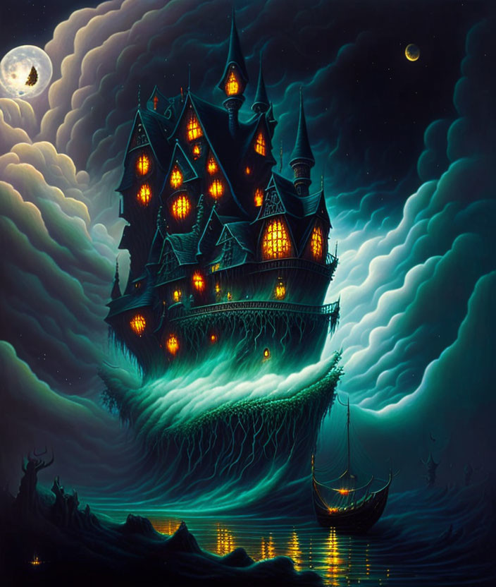 Eerie floating castle in mist with sailboat and moonlit sky