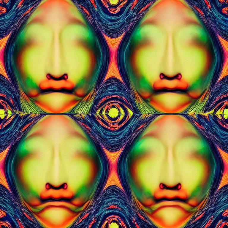 Colorful abstract kaleidoscopic patterns with distorted face-like shapes.