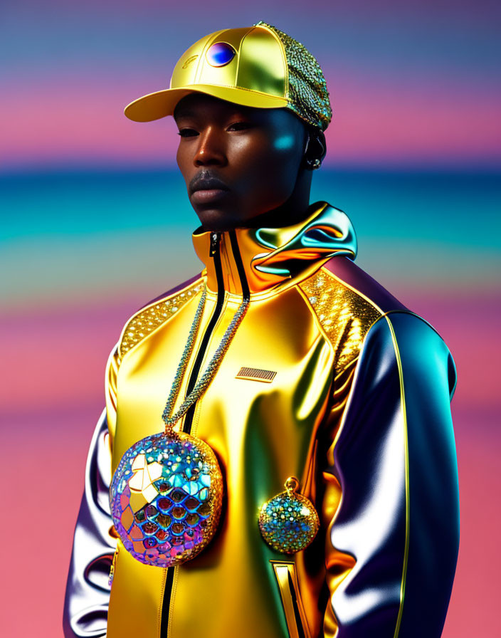 Glossy golden jacket and cap with large colorful medallion on gradient background