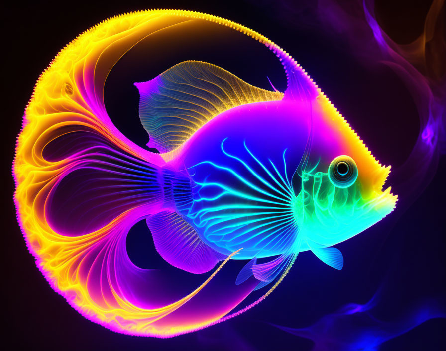 Colorful Betta Fish Illustration with Neon Colors and Intricate Fin Patterns