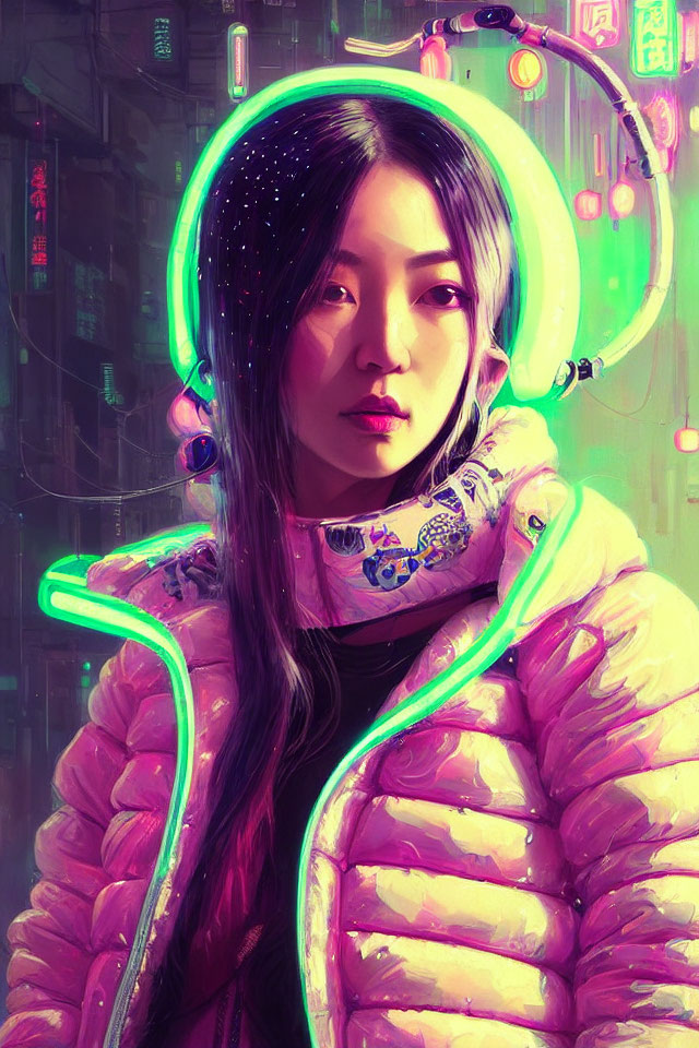 Vibrant digital artwork of woman in neon headphones against futuristic cityscape