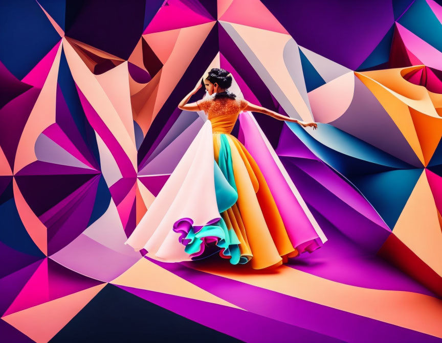 Woman in Multicolored Dress Dancing on Vibrant Geometric Background