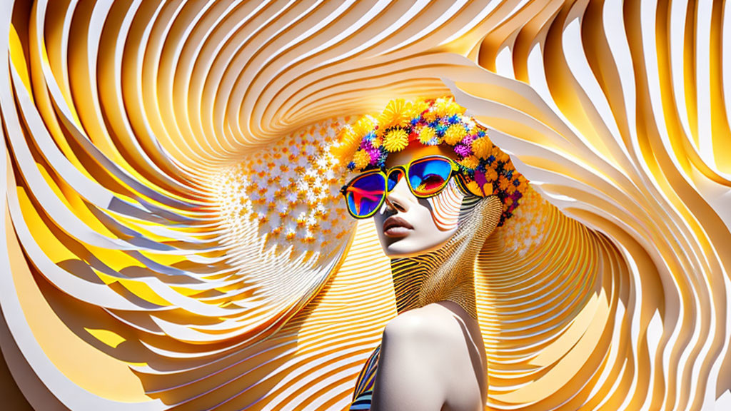 Surreal illustration of woman with floral crown and colorful sunglasses