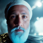 Bearded Man in White Turban and Gold Armor on Dark Background