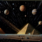 Surreal Landscape with Egyptian Pyramids and Celestial Bodies