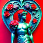 Classical figure sculpture with heart-shaped floral backdrop in red and turquoise.