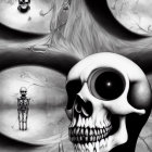 Surreal artwork featuring skull and skeletal figures in circular frames