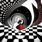 Surreal black and white artwork with girl, rabbit, roses, and checkered floor