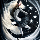 Ballerina in black and white costume dances in cosmic setting