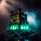 Eerie floating castle in mist with sailboat and moonlit sky