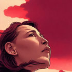 Stylized illustration of person with flowing hair against red clouds