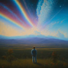 Surreal landscape with solitary figure, vibrant flora, river, and celestial bodies