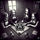 Four people using Ouija board in candlelit room with old books