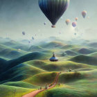 Tranquil landscape with pagoda, green hills, hot air balloons, and people.