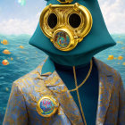 Surreal figure in diver's helmet and gold-patterned blazer by sea with bubbles and jelly