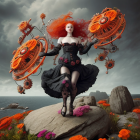 Striking red-haired woman in gothic black dress surrounded by orange flowers