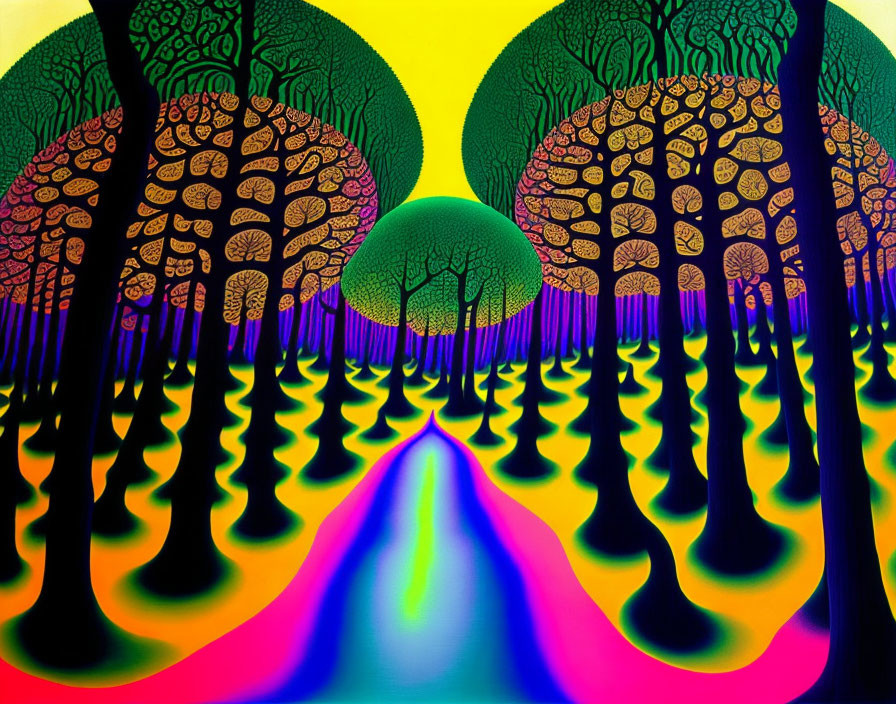 Colorful Psychedelic Forest with Stylized Trees and Purple Path