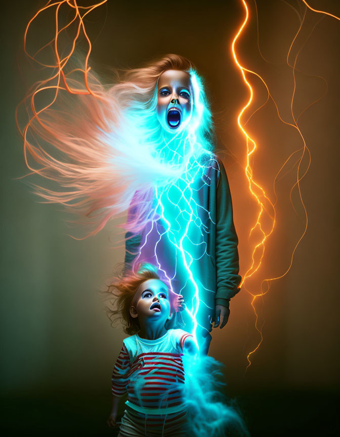 Surreal portrait of woman and child with blue energy against dark background