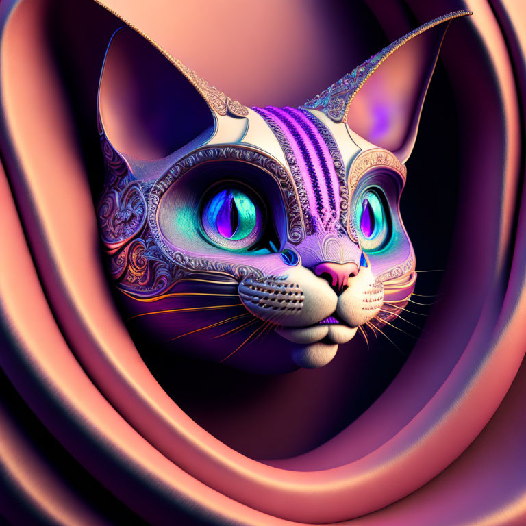 Colorful digital artwork of stylized cat with intricate patterns and glowing green eyes in pink and purple swirl