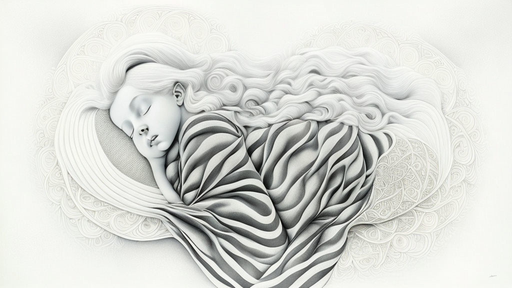 Monochromatic artwork of a sleeping woman in flowing fabrics and intricate swirls