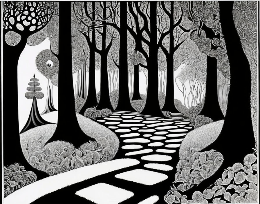 Monochrome artistic illustration of stylized forest with winding path