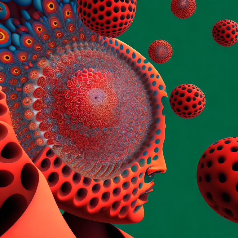 Intricate surreal human-like head with red spheres on green background