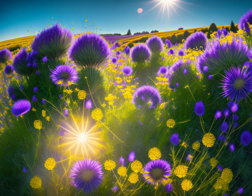 Colorful Meadow with Purple and Yellow Flowers in Sunlight