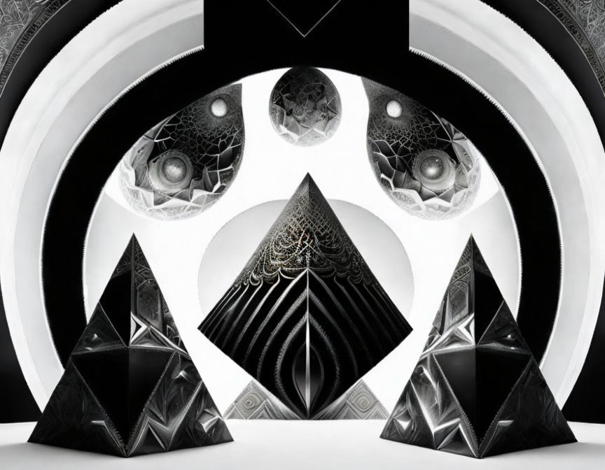 Geometric black and white abstract art with circles, triangles, and intricate patterns.