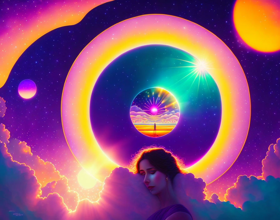 Woman in Vibrant Dreamscape with Celestial Bodies and Sunset