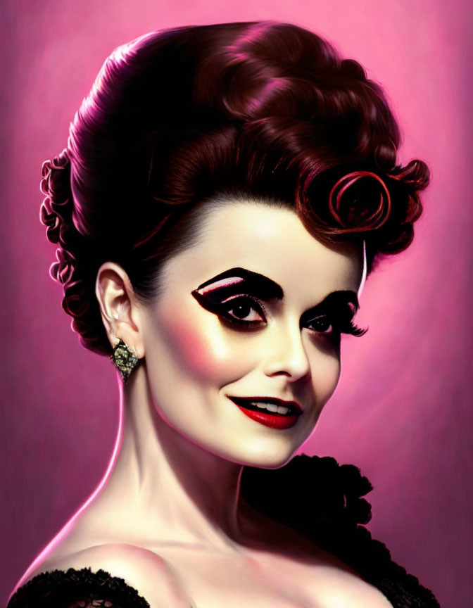 Vintage Hairstyle and Makeup Illustration: Woman with Prominent Eyebrows, Winged Eyel