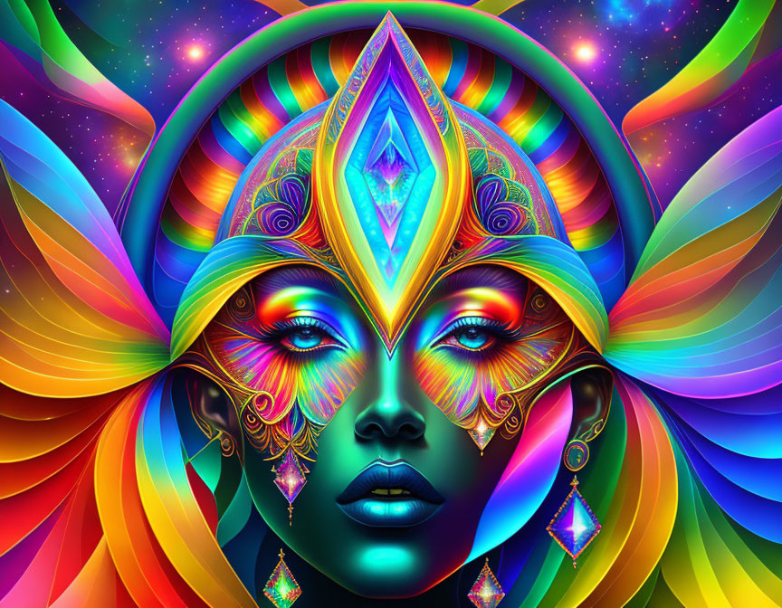 Colorful digital artwork: Female face with psychedelic colors, third eye, and ornate jewelry