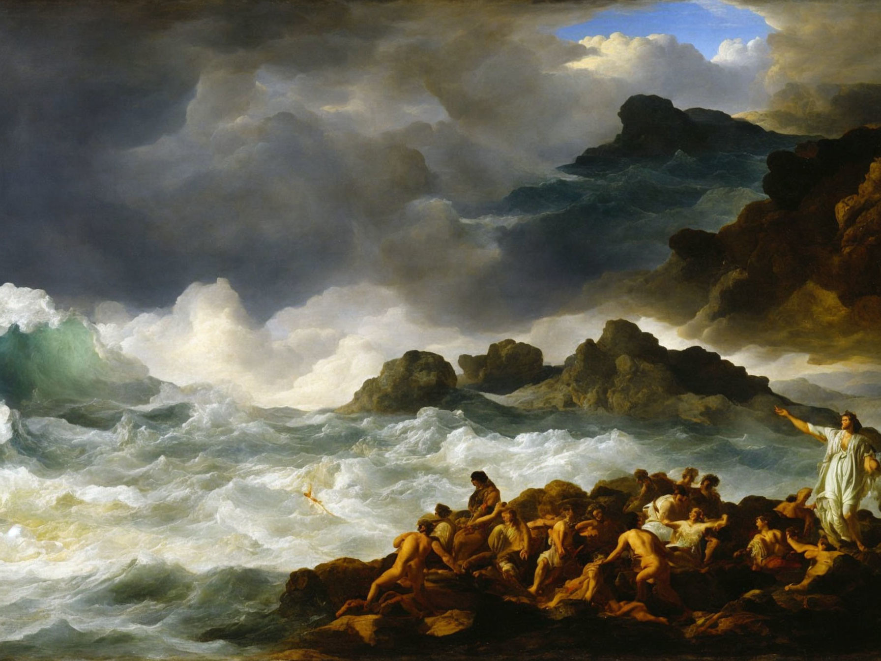 Stormy Seascape: Turbulent ocean, shipwreck survivors, and guiding figure on rocky