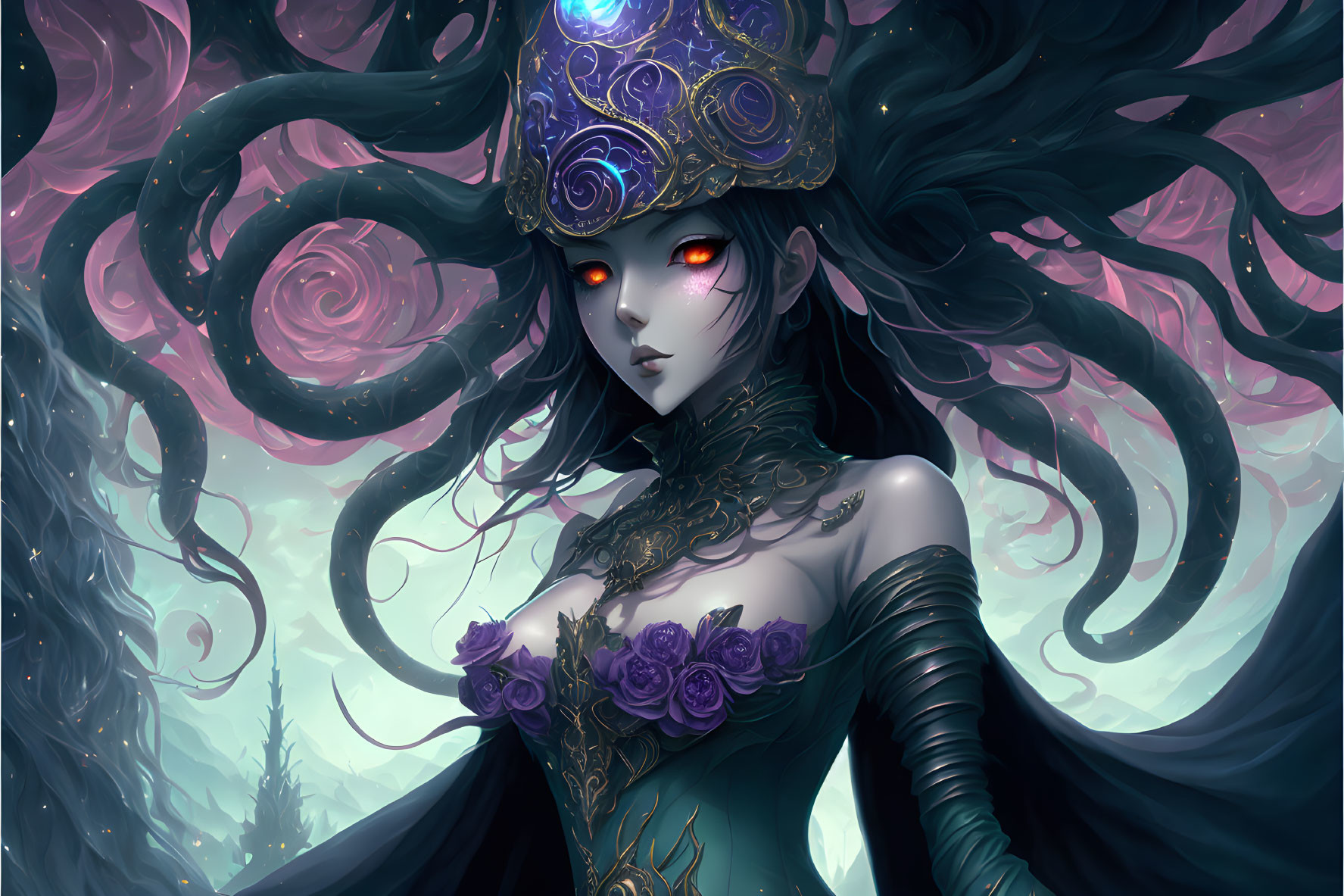 Mystical female figure with red eyes and ornate crown and dress.