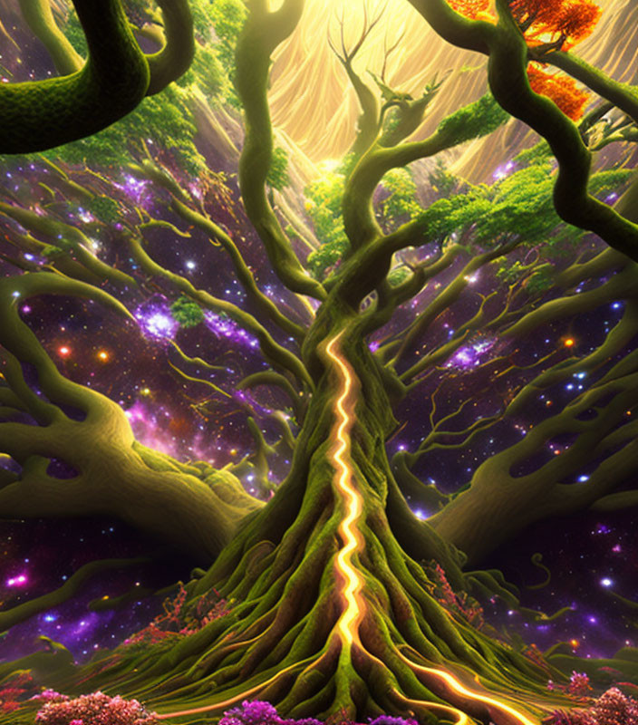 Mystical tree with glowing crevice and cosmic backdrop