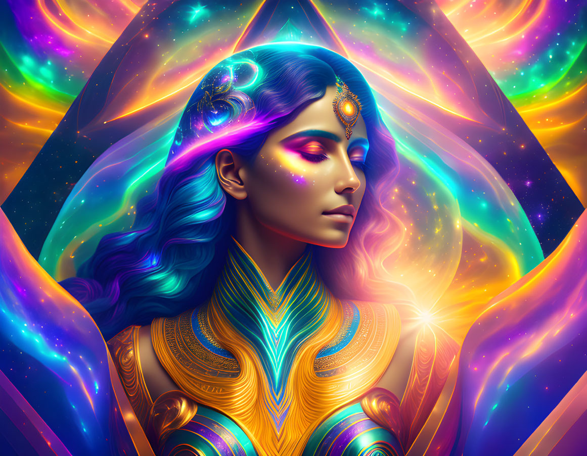 Cosmic-themed digital art portrait of a woman with blue hair and gold attire