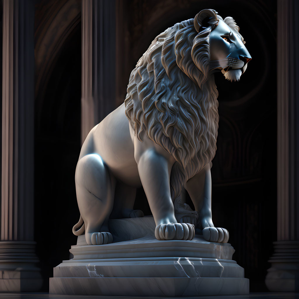 Stone lion statue on pedestal in dimly lit hall with classical architecture