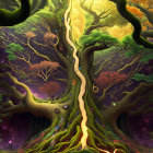 Mystical tree with glowing crevice and cosmic backdrop