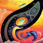 Colorful Stylized Whales in Cosmic Scene with Ornate Whale and Celestial Bodies