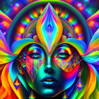 Colorful digital artwork: Female face with psychedelic colors, third eye, and ornate jewelry