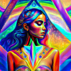 Cosmic-themed digital art portrait of a woman with blue hair and gold attire