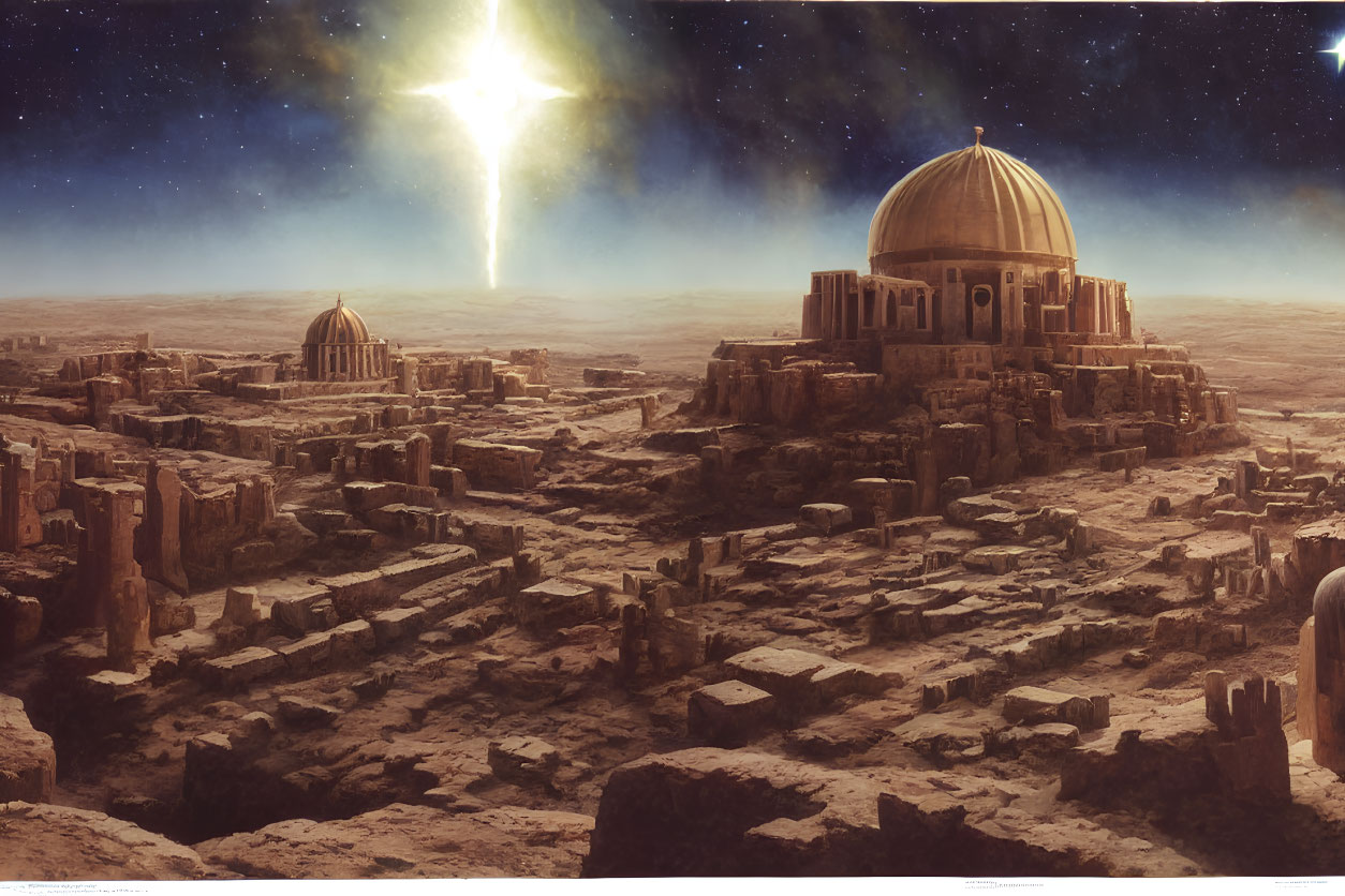 Sci-fi illustration of ancient city on desert planet