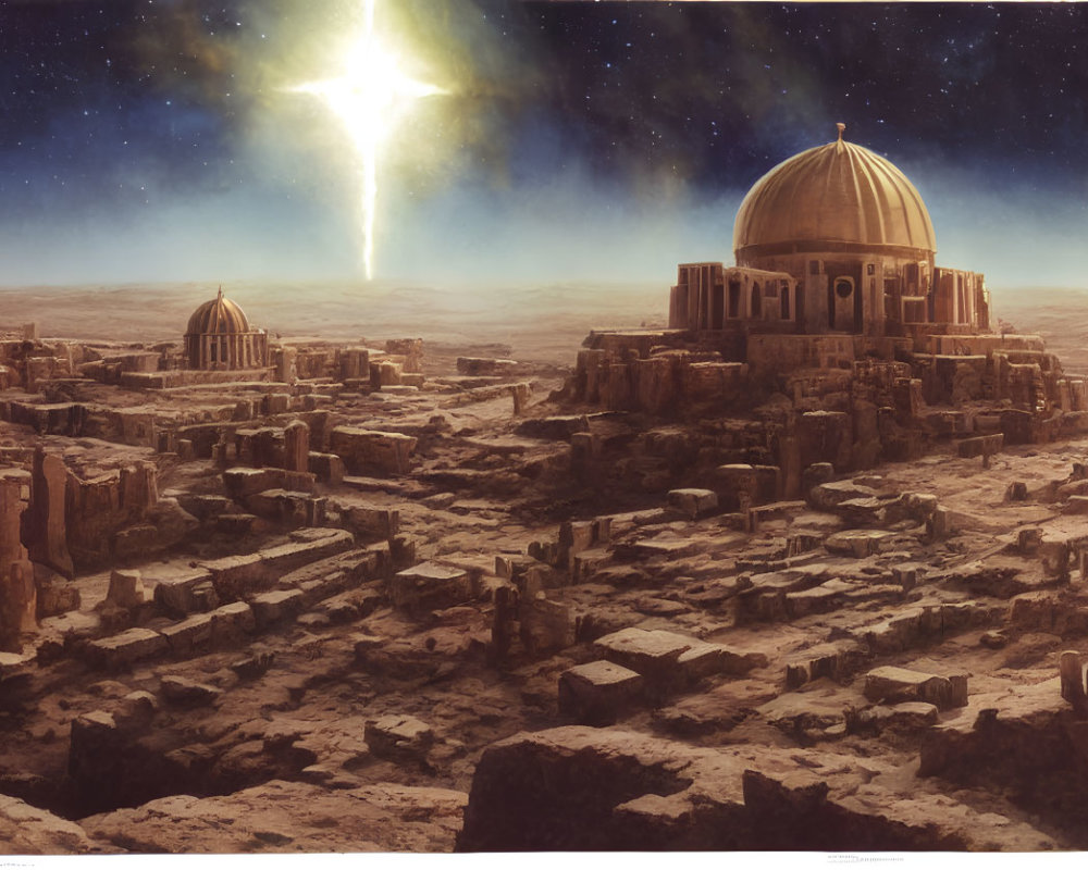 Sci-fi illustration of ancient city on desert planet