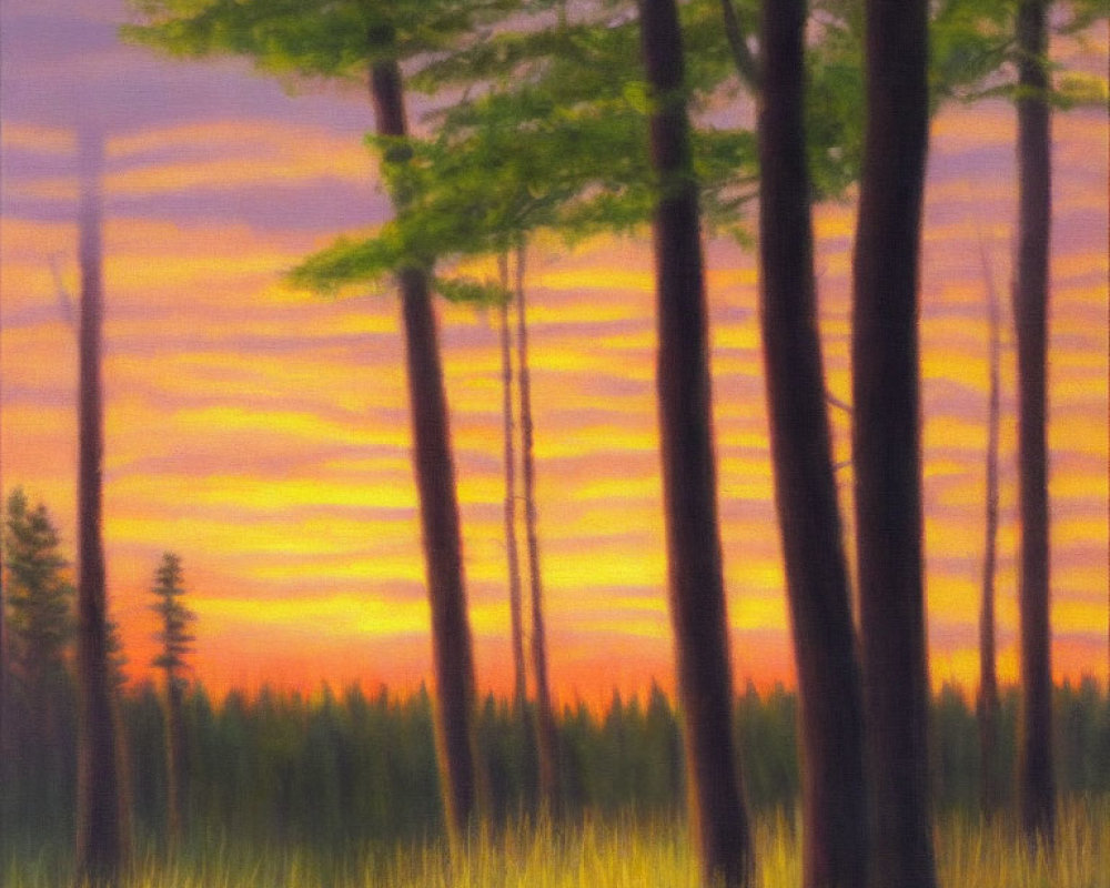 Tranquil forest painting with tall trees and vibrant sunset sky