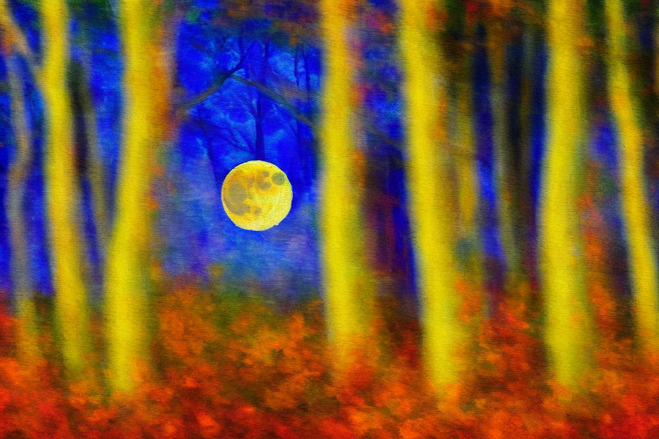 Moonlit Night Painting: Impressionistic Depiction of Full Moon in Forest