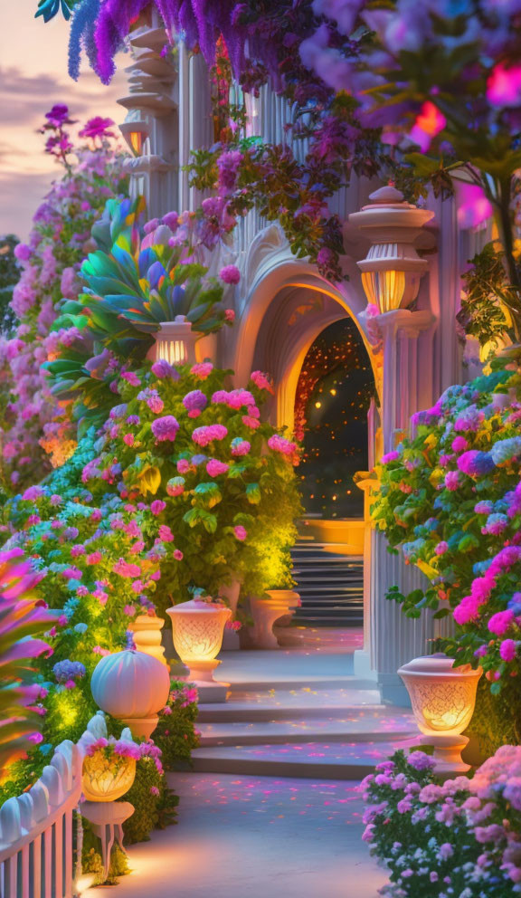 Colorful Garden Path with Twinkling Lights and Archway