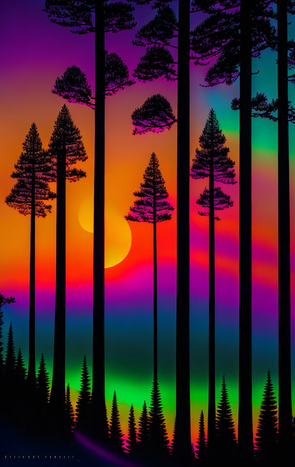 Vibrant sunset sky with silhouetted pine trees