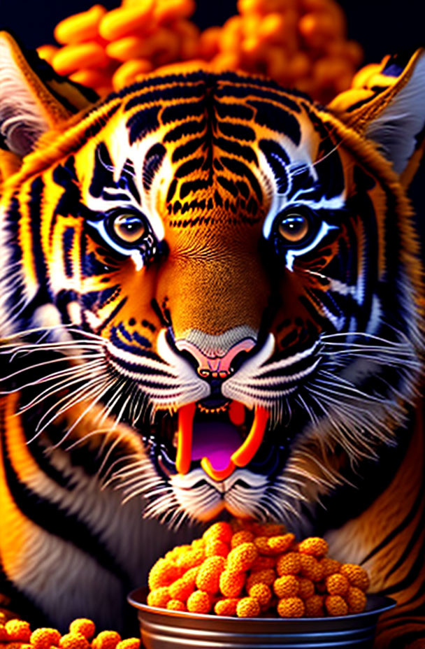 Colorful Tiger Roaring Above Cheese Puffs on Dark Background